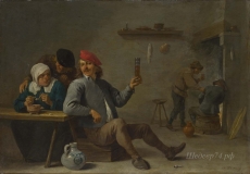 londongallery/david teniers the younger - a man holding a glass and an old woman lighting a pipe